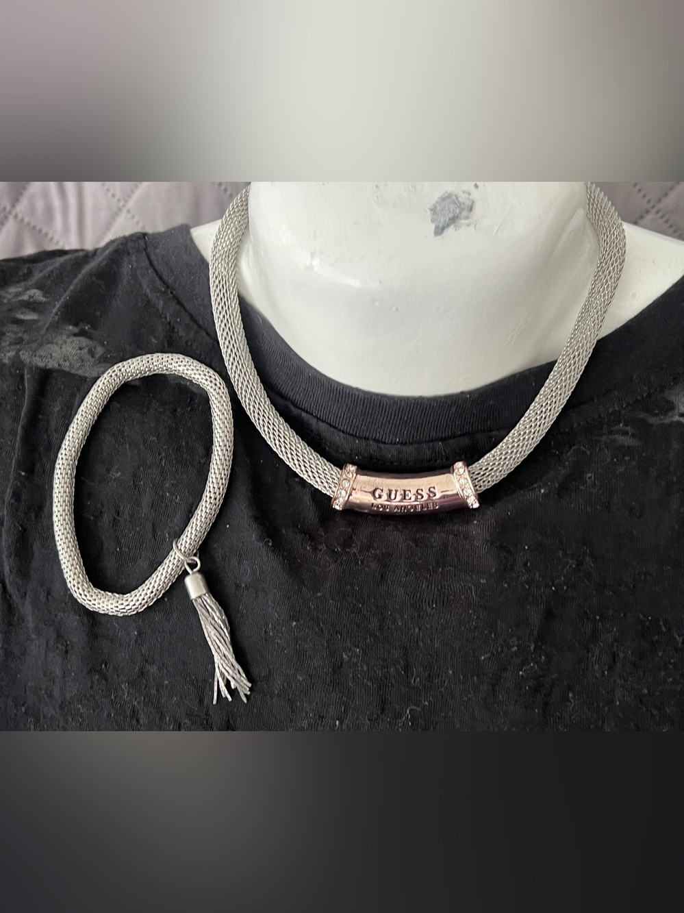 GUESS Silver Mesh Necklace and Bracelet Set with Rose Gold Logo Bar